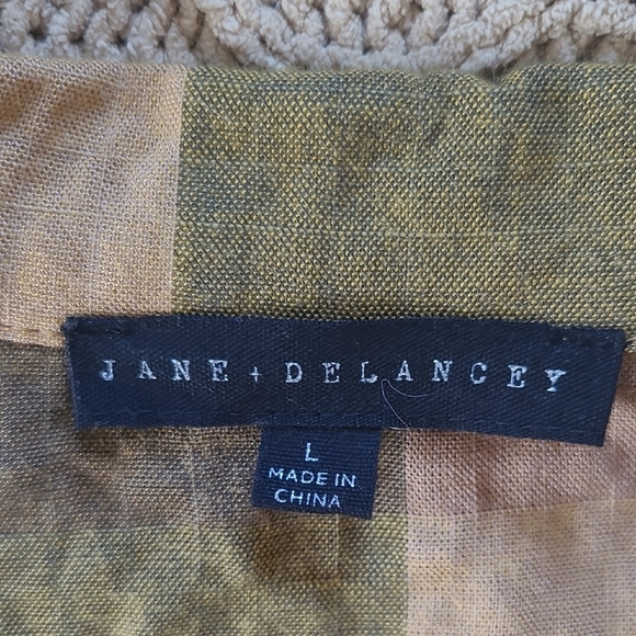 Jane + Delancey Mustard & Brown Gingham Plaid Gauzy Camp Shirt - Size L - Picture 6 of 8